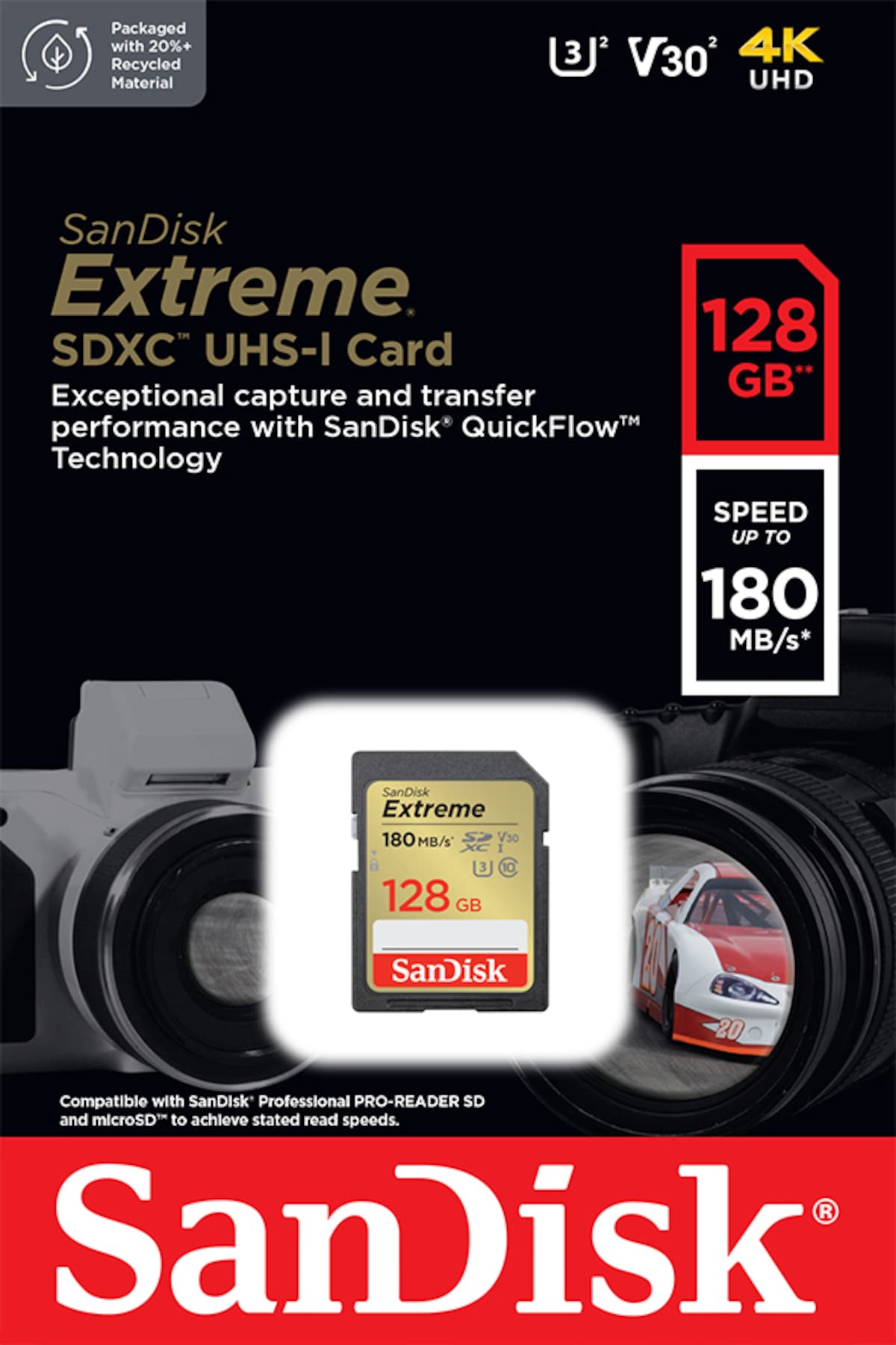 SanDisk 128 GB Extreme SDXC-geheugenkaart, 180 MB/s & 90 MB/s lees-/schrijfsnelheid, UHS-I, Klasse 10, U3, V30