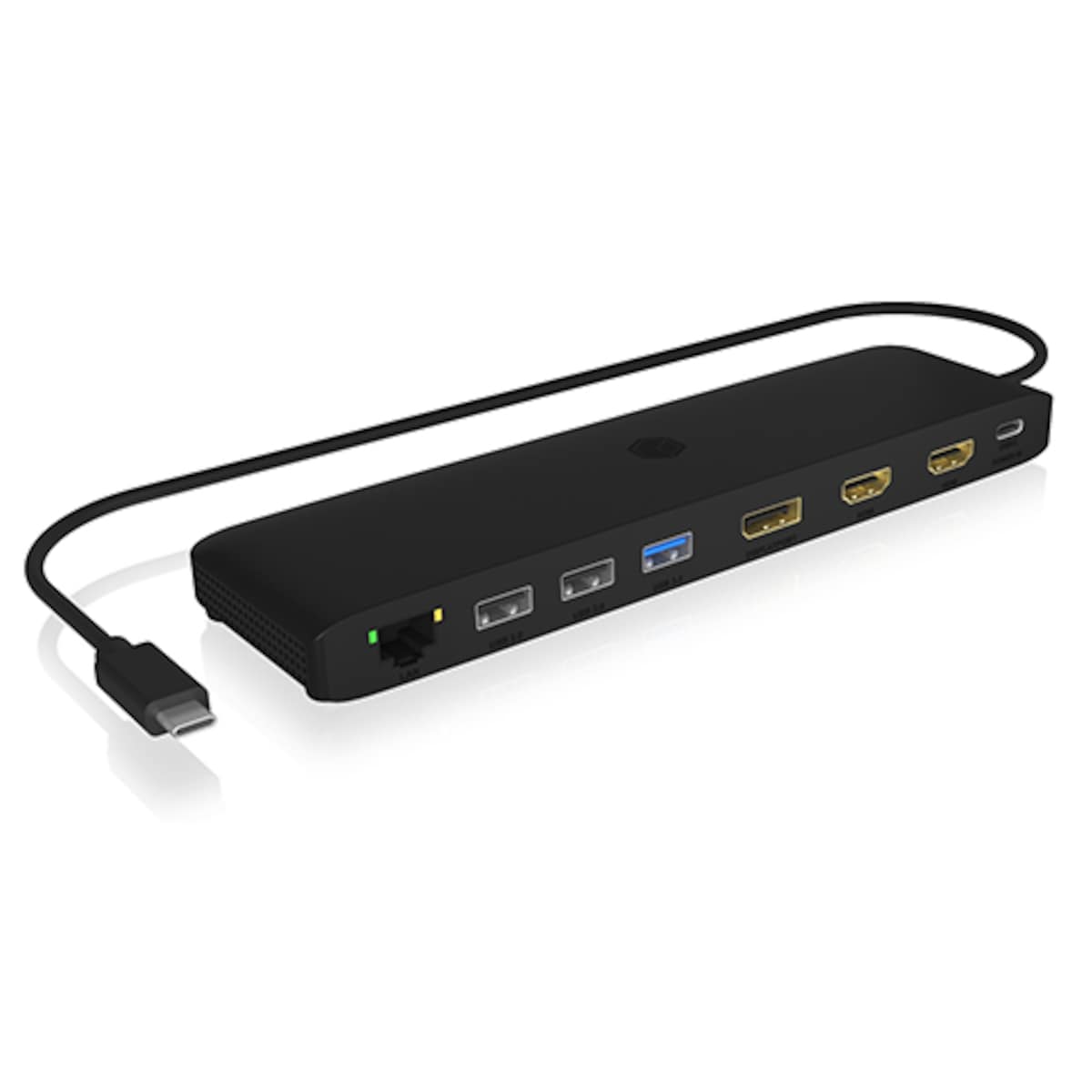 Icy Box USB Type-C DockingStation met drievoudige video-uitgang 4x USB-A, 1x USB-C-PD, 1x RJ45-netwerkaansluiting, microSD- en SD-kaartsleuf, Audi