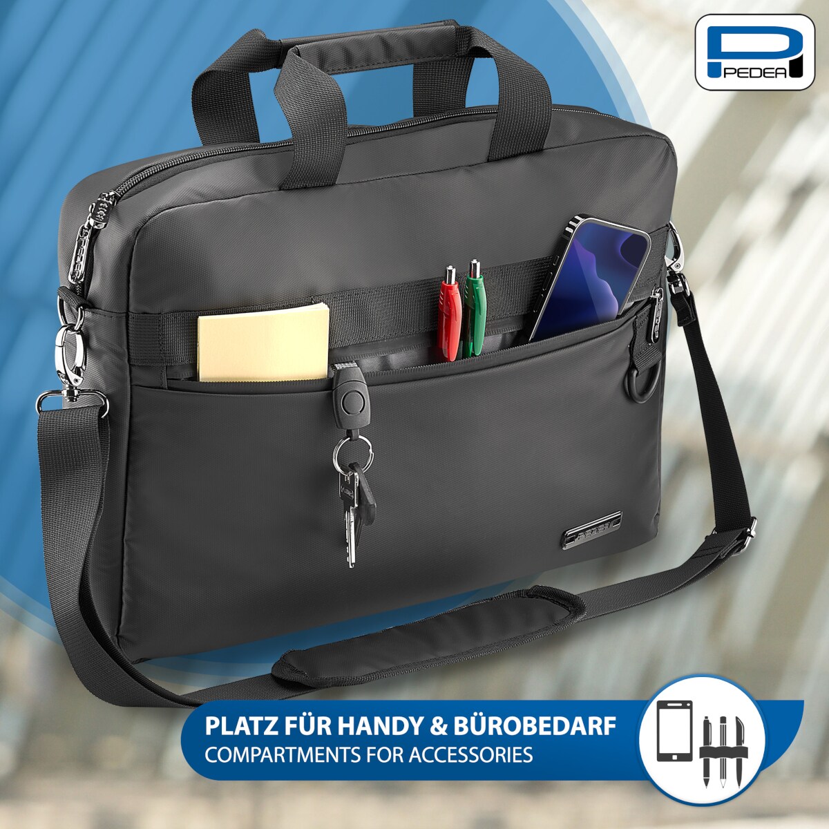PEDEA laptoptas 17.3 inch "Clutch" + CHERRY MC 1000 mouse Schoudertas voor laptop met tablet-vak, zwart